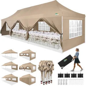 COBIZI 10x30 Pop up Canopy with 8 Removable Sidewalls, Outdoor Canopy Waterproof Commercial Tents for Parties Wedding, with Upgrade Raised Top Cover and Roller Bag, with 4 Sandbags(Khaki)