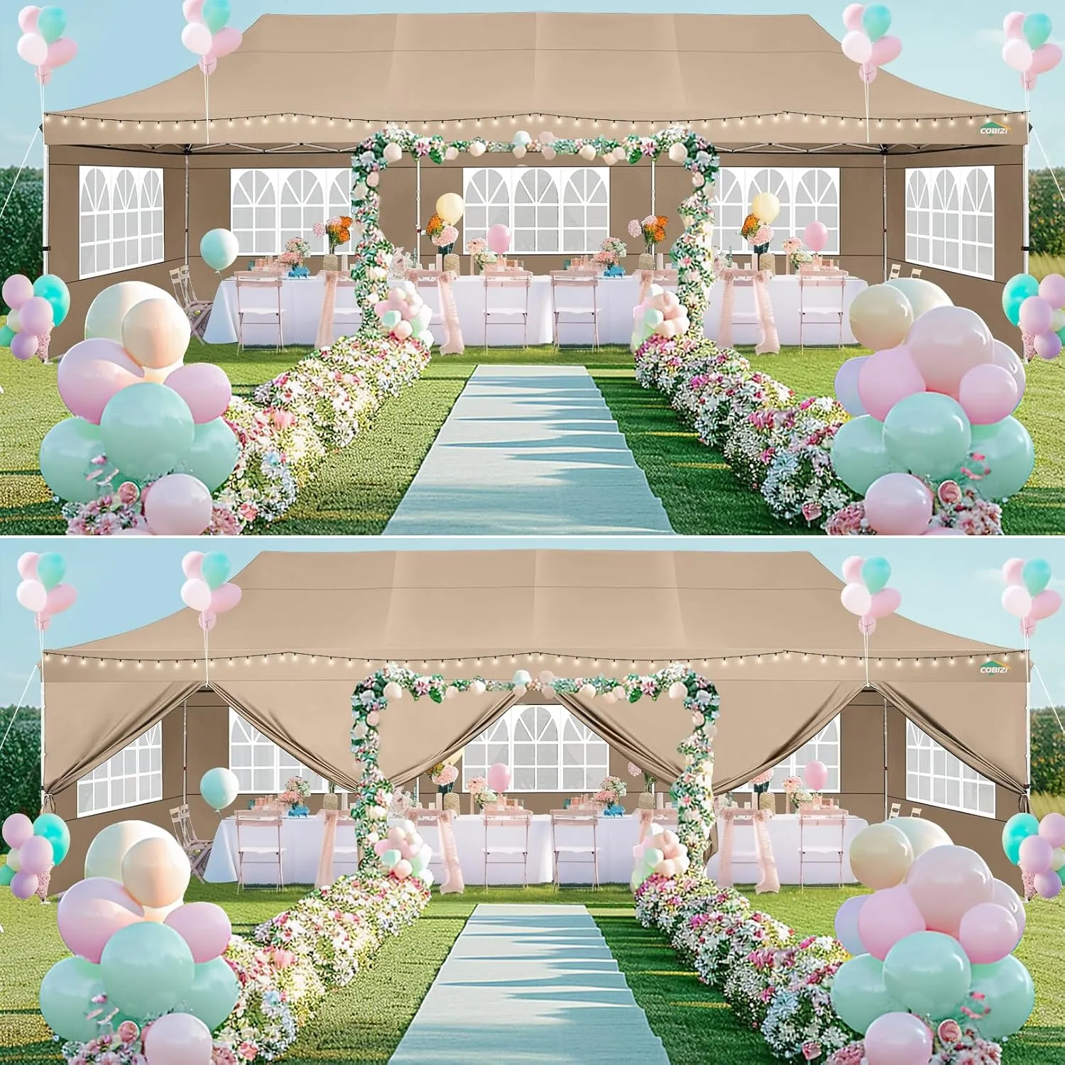 COBIZI 10x30 Pop up Canopy with 8 Removable Sidewalls, Outdoor Canopy Waterproof Commercial Tents for Parties Wedding, with Upgrade Raised Top Cover and Roller Bag, with 4 Sandbags(Khaki)
