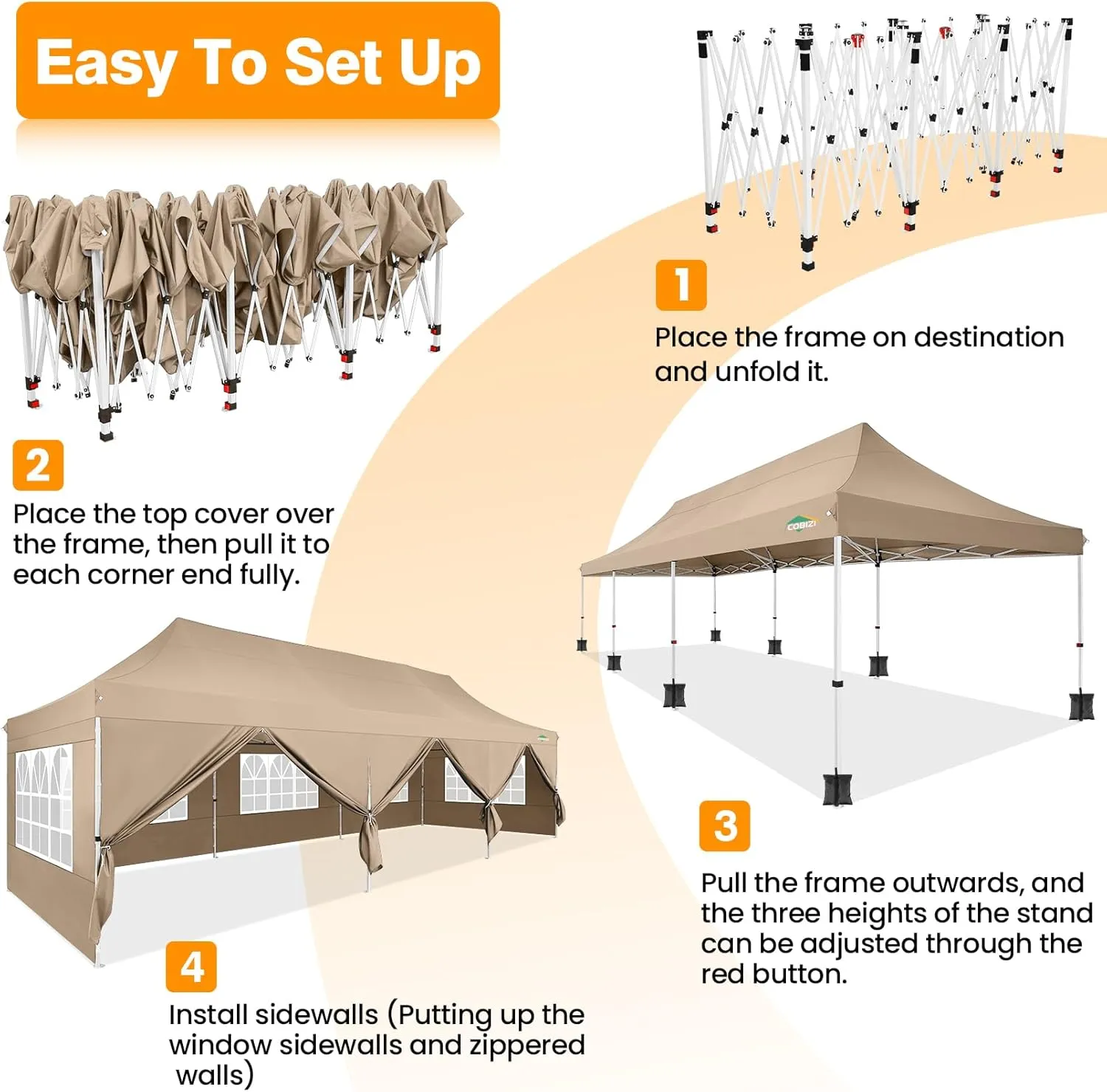 COBIZI 10x30 Pop up Canopy with 8 Removable Sidewalls, Outdoor Canopy Waterproof Commercial Tents for Parties Wedding, with Upgrade Raised Top Cover and Roller Bag, with 4 Sandbags(Khaki)