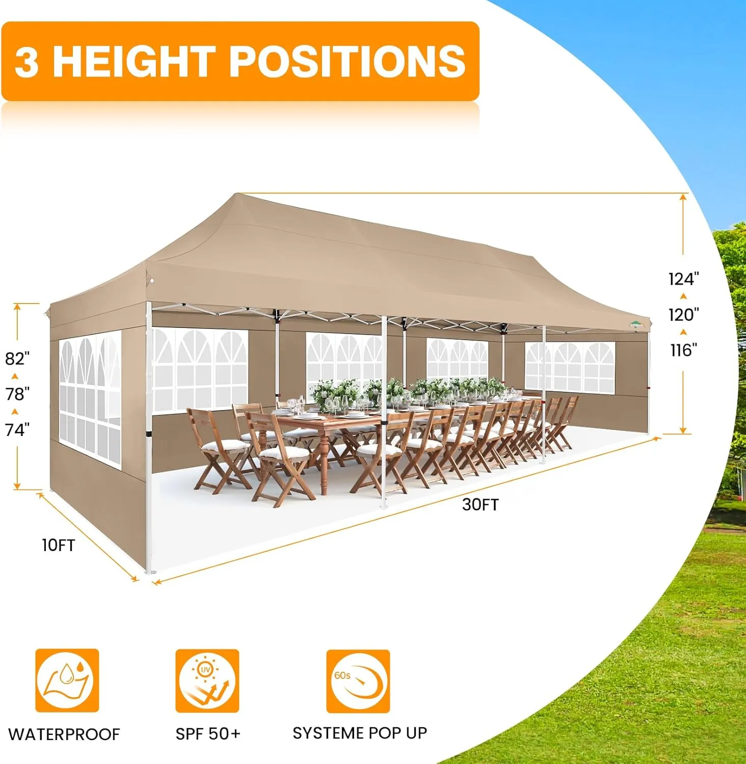 COBIZI 10x30 Pop up Canopy with 8 Removable Sidewalls, Outdoor Canopy Waterproof Commercial Tents for Parties Wedding, with Upgrade Raised Top Cover and Roller Bag, with 4 Sandbags(Khaki)