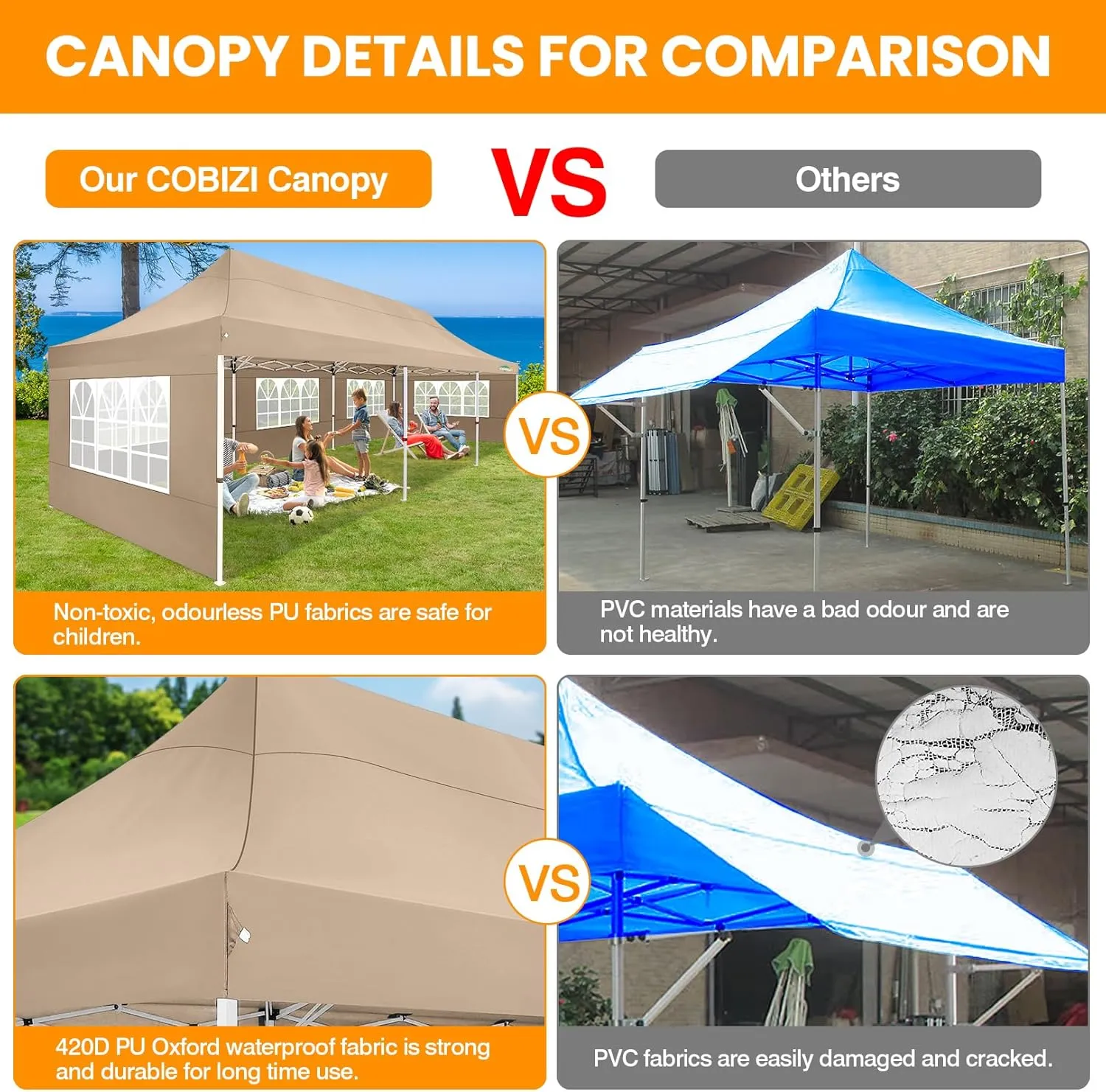COBIZI 10x30 Pop up Canopy with 8 Removable Sidewalls, Outdoor Canopy Waterproof Commercial Tents for Parties Wedding, with Upgrade Raised Top Cover and Roller Bag, with 4 Sandbags(Khaki)