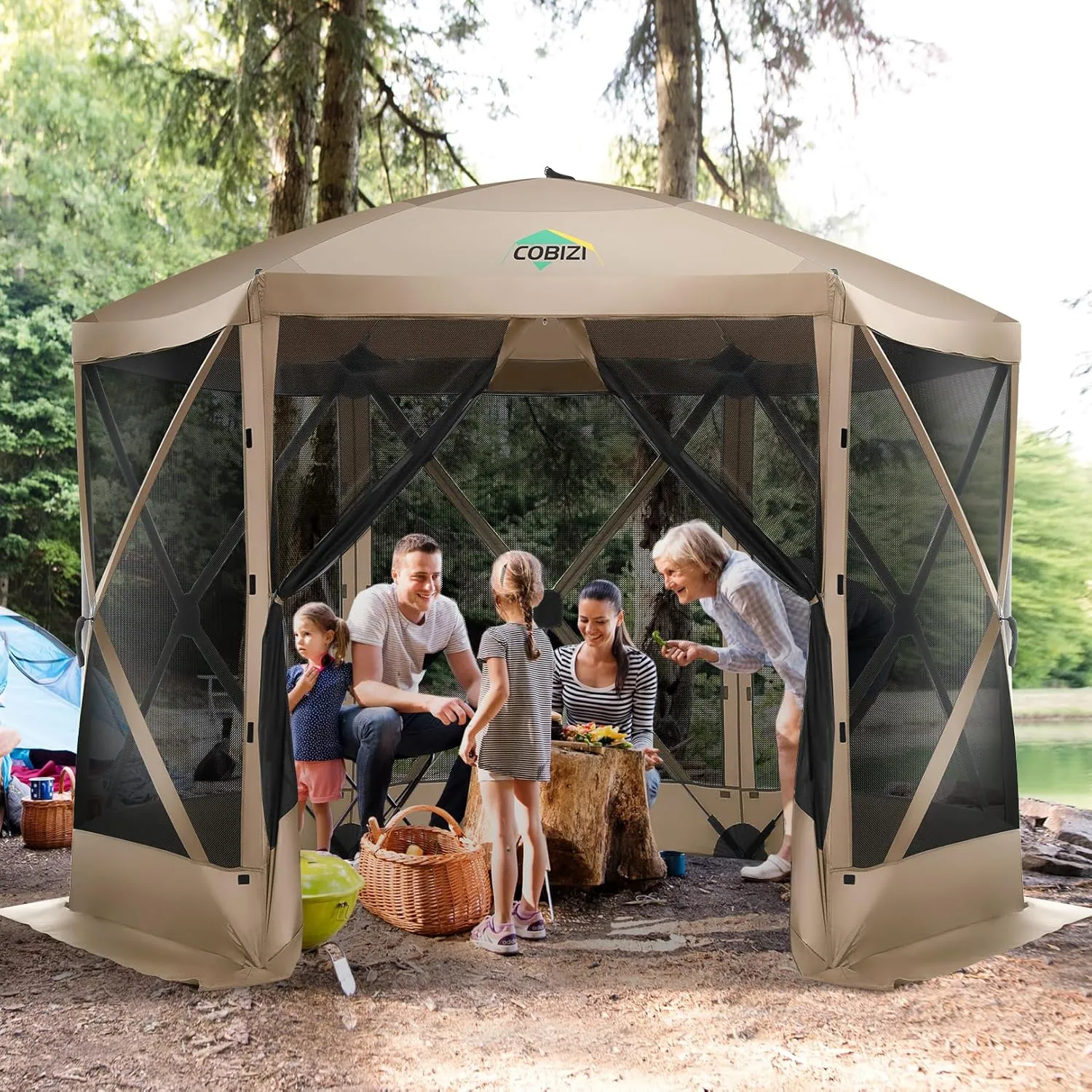 COBIZI 12x12FT Pop Up Gazebo Screen Tent Screen House for Camping, Screen Room with Mosquito Netting, Hub Tent Instant Screened Canopy with Carrying Bag and Ground Stakes, Khaki