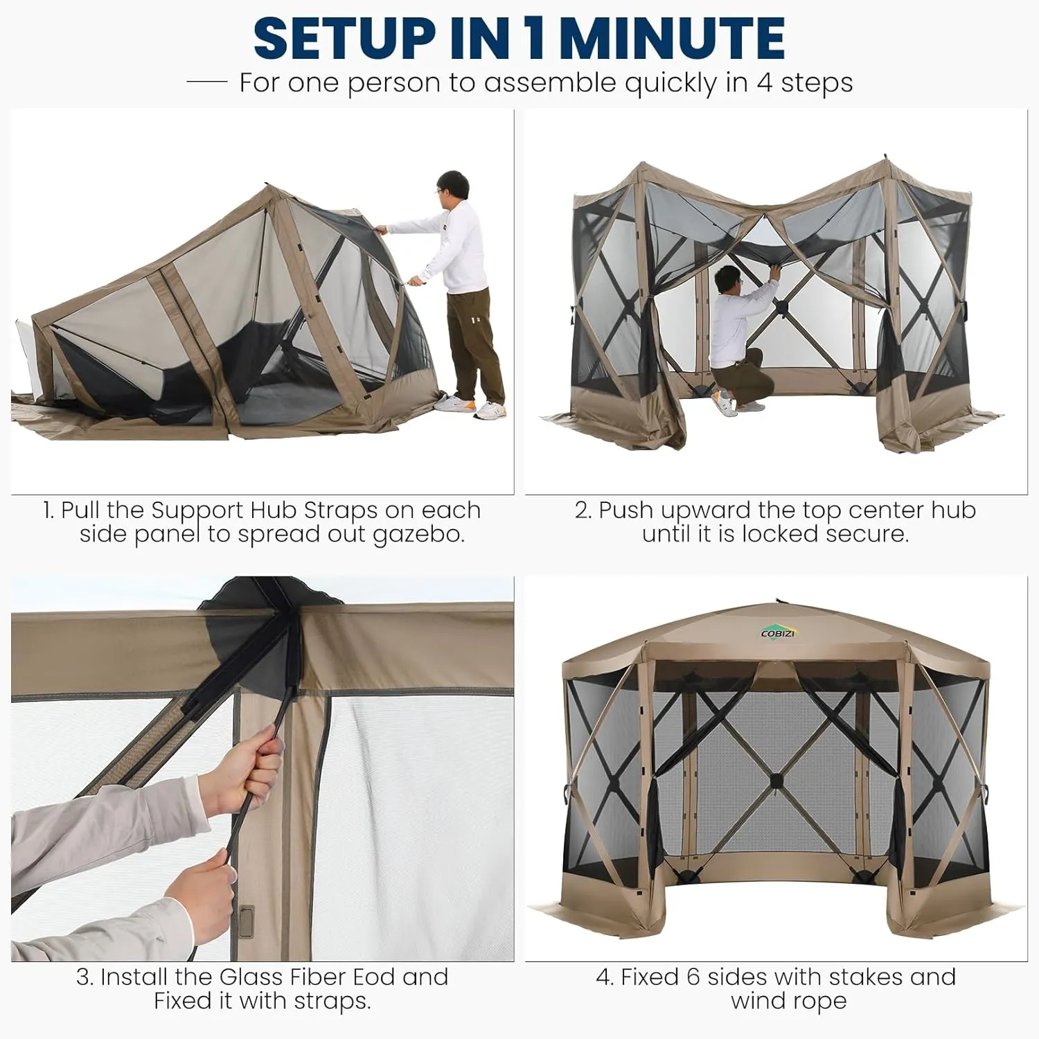 COBIZI 12x12FT Pop Up Gazebo Screen Tent Screen House for Camping, Screen Room with Mosquito Netting, Hub Tent Instant Screened Canopy with Carrying Bag and Ground Stakes, Khaki