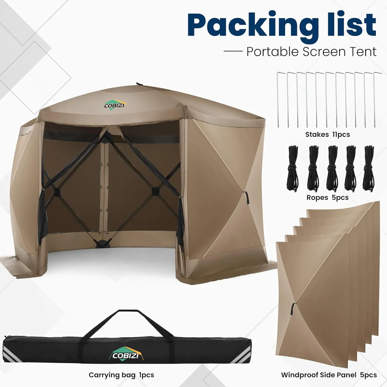 COBIZI 12x12FT Pop Up Gazebo Screen Tent Screen House for Camping, Screen Room with Mosquito Netting, Hub Tent Instant Screened Canopy with Carrying Bag and Ground Stakes, Khaki