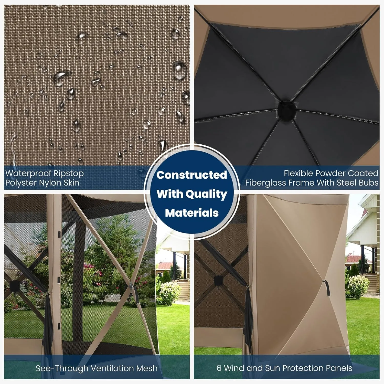 COBIZI 12x12FT Pop Up Gazebo Screen Tent Screen House for Camping, Screen Room with Mosquito Netting, Hub Tent Instant Screened Canopy with Carrying Bag and Ground Stakes, Khaki