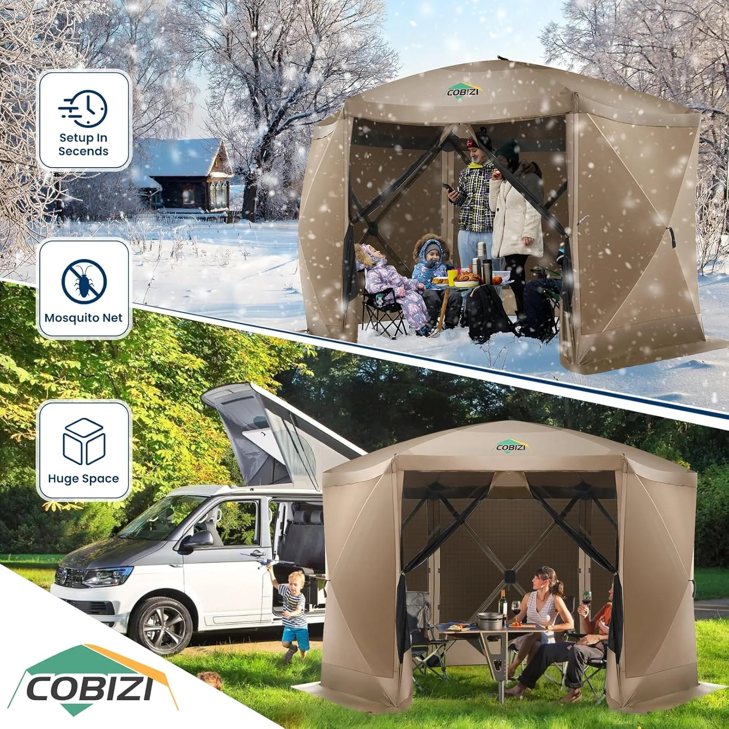 COBIZI 12x12FT Pop Up Gazebo Screen Tent Screen House for Camping, Screen Room with Mosquito Netting, Hub Tent Instant Screened Canopy with Carrying Bag and Ground Stakes, Khaki