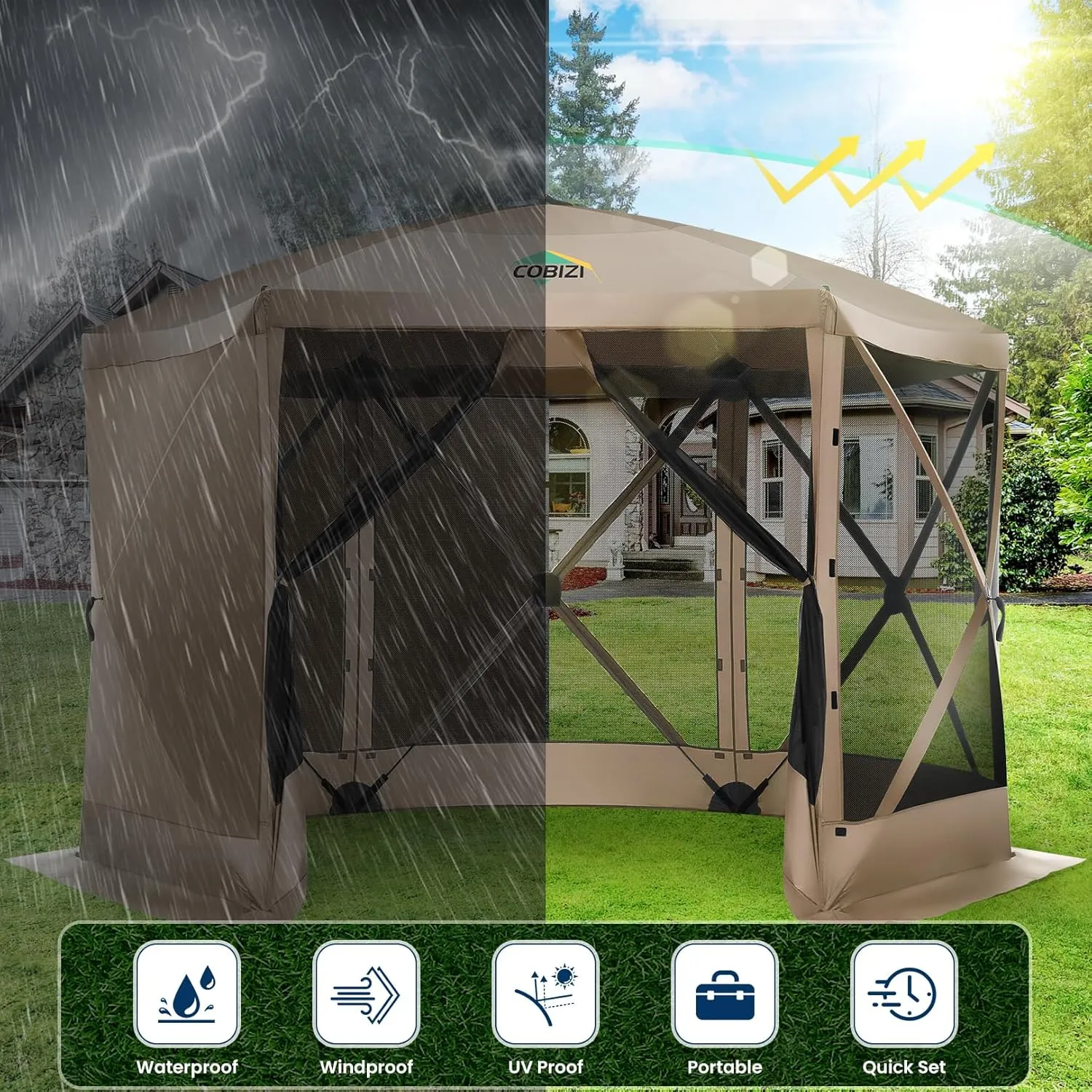 COBIZI 12x12FT Pop Up Gazebo Screen Tent Screen House for Camping, Screen Room with Mosquito Netting, Hub Tent Instant Screened Canopy with Carrying Bag and Ground Stakes, Khaki