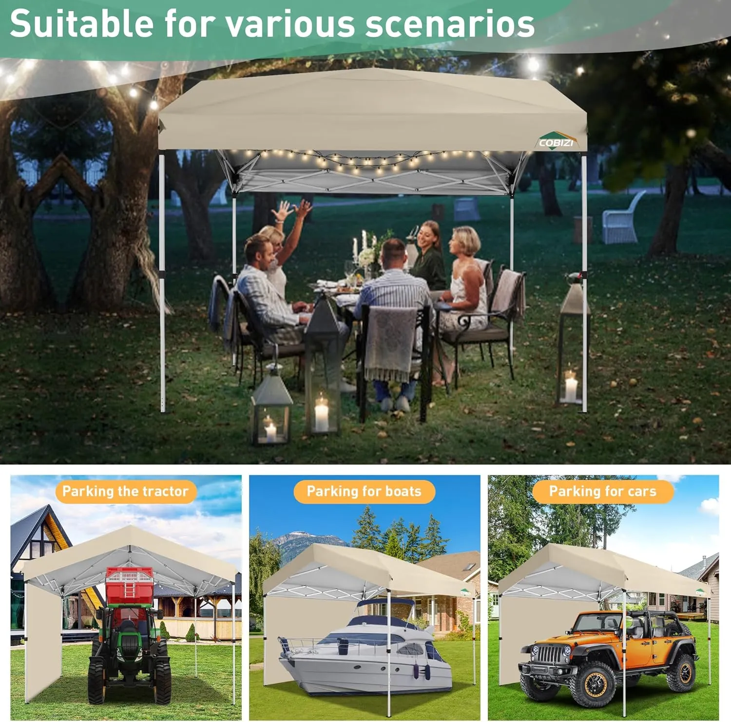 COBIZI Carport Canopy 10x10 Pop up Canopy Portable Garage with 1-Button Push Center Lock,Car Port Garage with 1 Sidewalls UV Resistant Waterproof All-Season Car Canopy Tents Shelter for Car,Truck