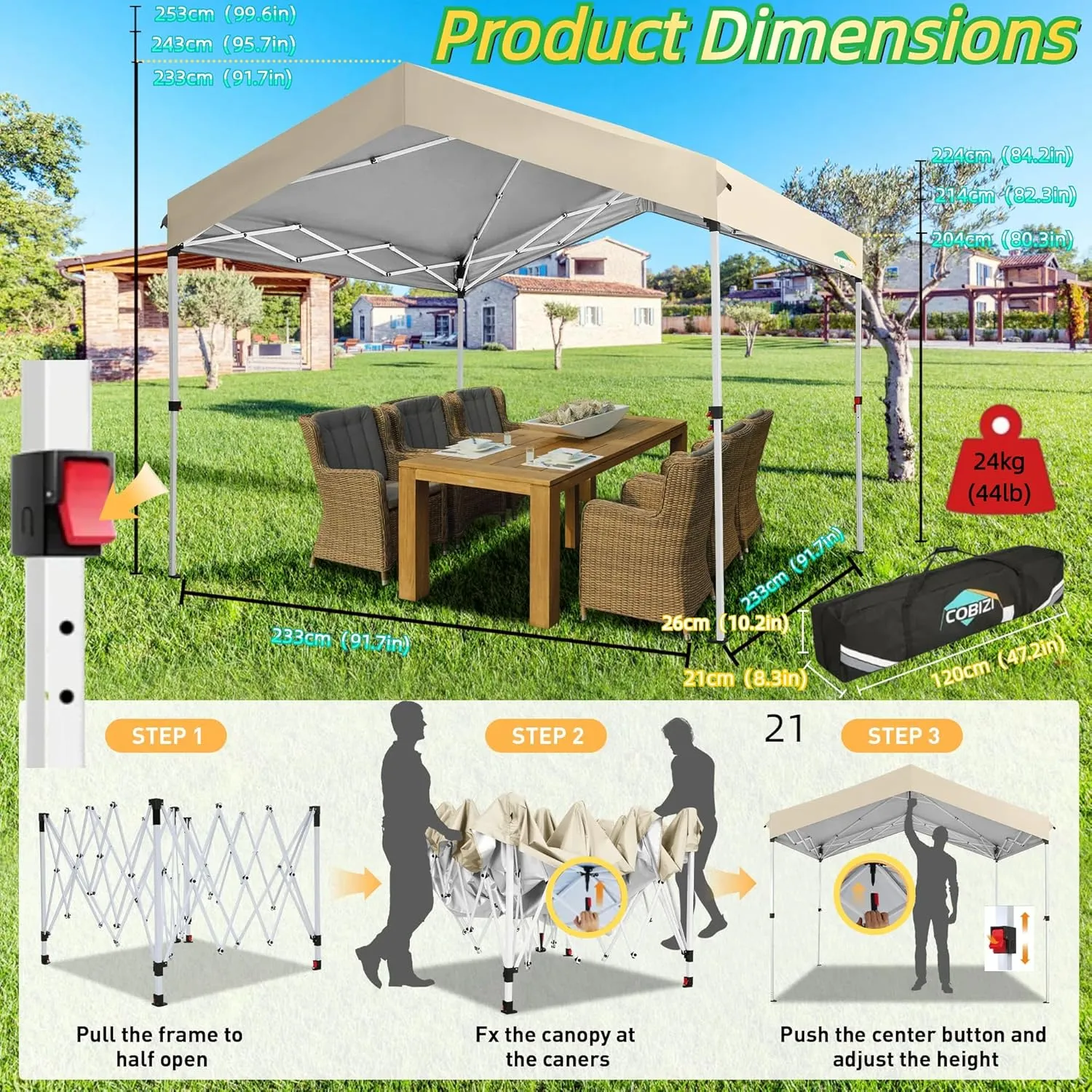 COBIZI Carport Canopy 10x10 Pop up Canopy Portable Garage with 1-Button Push Center Lock,Car Port Garage with 1 Sidewalls UV Resistant Waterproof All-Season Car Canopy Tents Shelter for Car,Truck