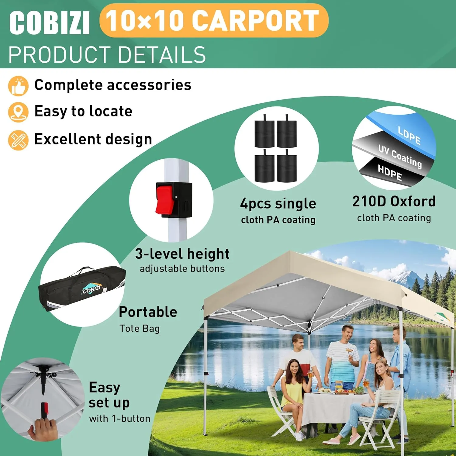 COBIZI Carport Canopy 10x10 Pop up Canopy Portable Garage with 1-Button Push Center Lock,Car Port Garage with 1 Sidewalls UV Resistant Waterproof All-Season Car Canopy Tents Shelter for Car,Truck