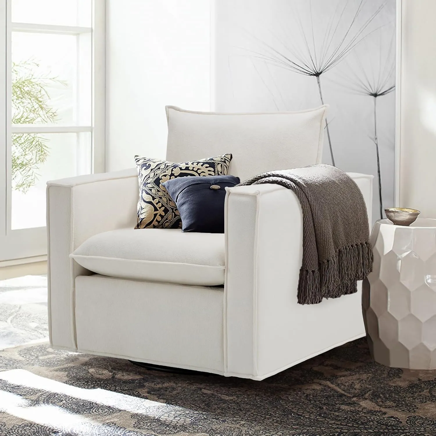 COLAMY Swivel Accent Chair Set of 2, 34 Inches Wide Upholstered Arm Chair with Plump Back Pillow, Modern Sofa Living Room Chair for Bedroom, Corner, Reading Nook-Beige