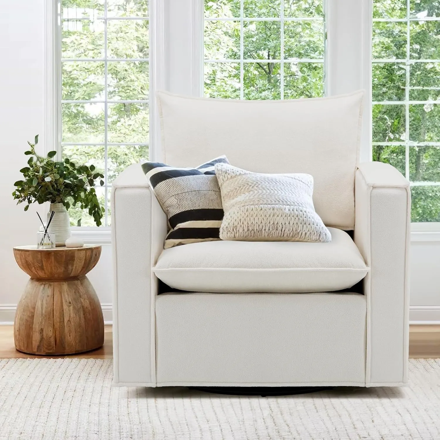 COLAMY Swivel Accent Chair Set of 2, 34 Inches Wide Upholstered Arm Chair with Plump Back Pillow, Modern Sofa Living Room Chair for Bedroom, Corner, Reading Nook-Beige