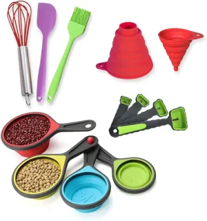 Collapsible Measuring Cups and Spoons Set,Markings for Liquid & Dry Measuring-Silicone Whisk,silicone spatula,Silicone funnel,Oil Brush,Food Grade Silicone Cooking Kitchen Utensils(13 Piece Set)