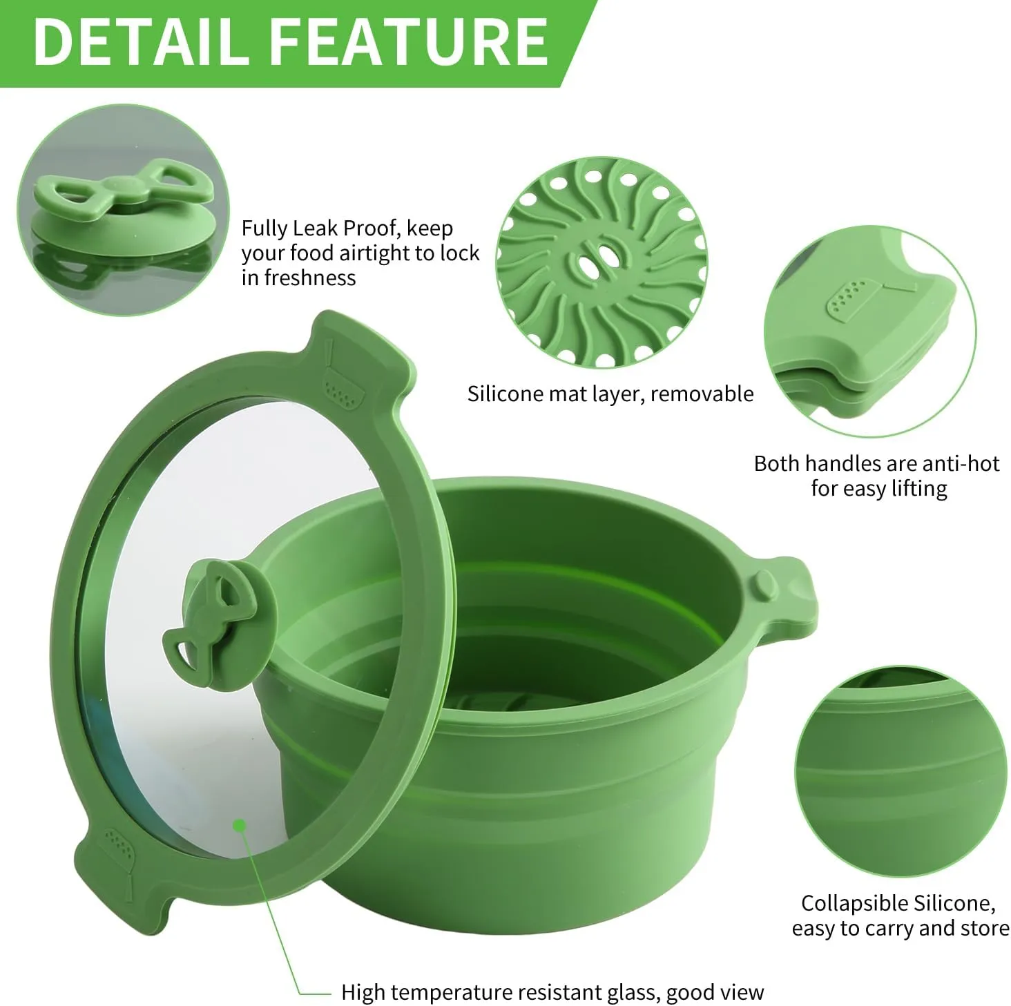 Collapsible Silicone Microwave Cookware Cooker Steamer for Cooking with Lids, 0.8L and 1.4L Glass Food Storage Container Sealed Bowl Mixing Bowls 2pc Set BPA Free