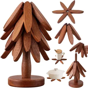 Collapsible Tree Trivet Set - 4 Heat-Resistant Wood Coasters   Stand | Space-Saver for Hot Pots/Pans, Scratch & Stain Resistant (Walnut Wood)