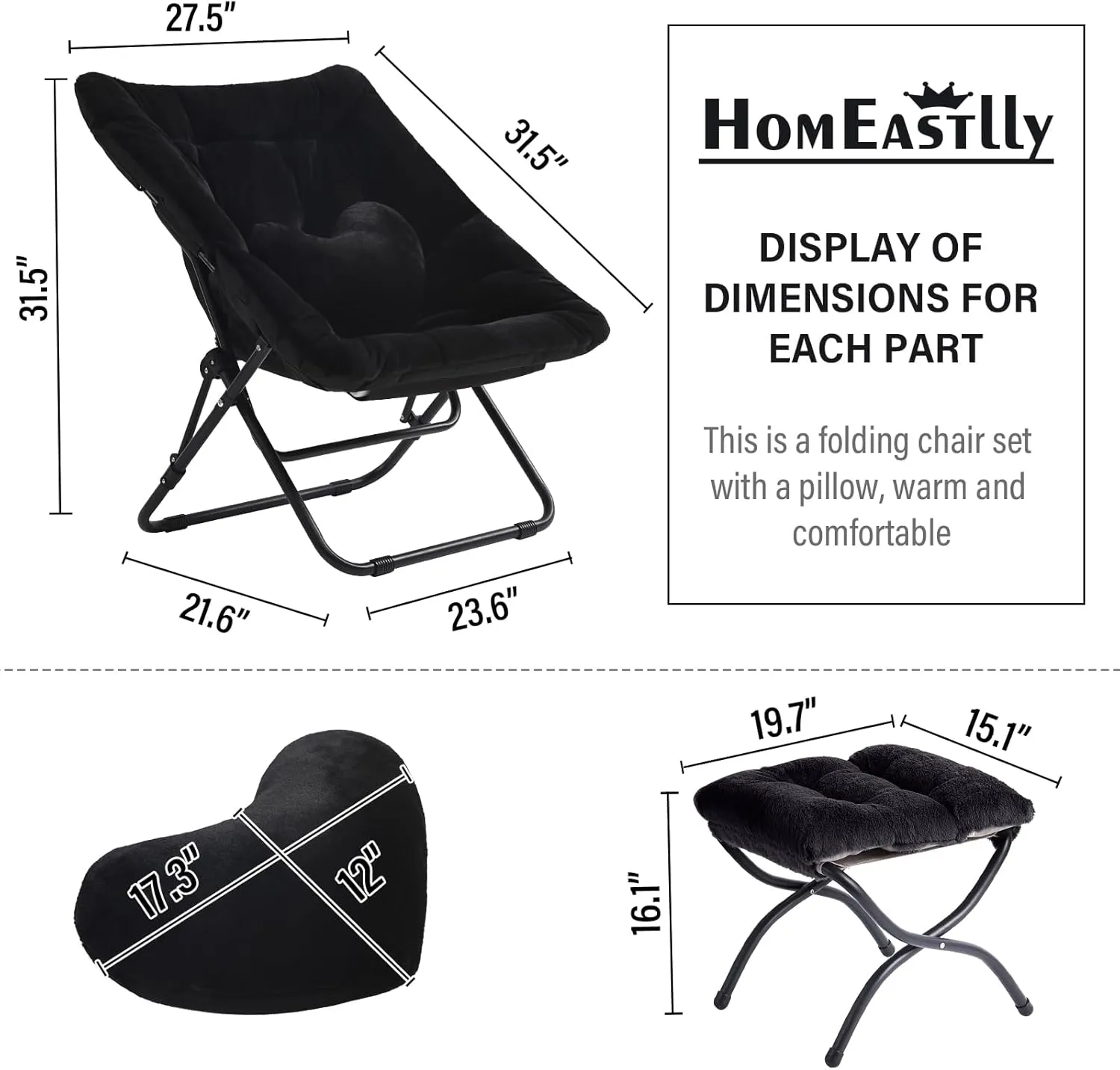 Comfy Saucer Chair with Ottoman, Oversized Folding Faux Fur Chair Soft Furry Lounge Lazy Chair with Metal Frame Moon Chair Accent Chair for Bedroom, Living Room, Dorm Rooms, Black