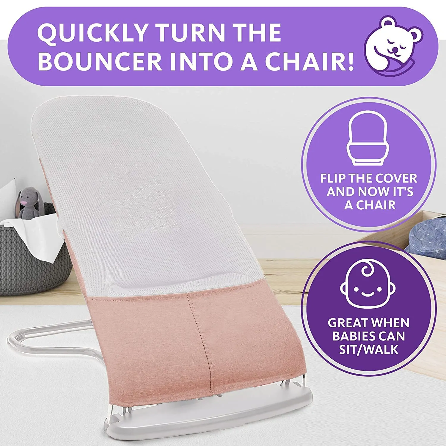 ComfyBumpy Ergonomic Baby Bouncer Seat - Bonus Travel Carry Case - Safe, Portable Bouncing Chair with Adjustable Height Positions - Infant Sleeper Bouncy Seat Perfect for Newborn Babies (Pink)