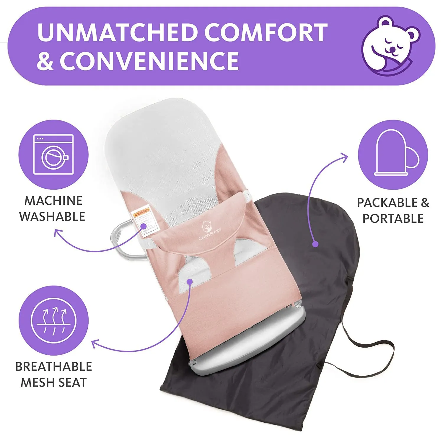 ComfyBumpy Ergonomic Baby Bouncer Seat - Bonus Travel Carry Case - Safe, Portable Bouncing Chair with Adjustable Height Positions - Infant Sleeper Bouncy Seat Perfect for Newborn Babies (Pink)