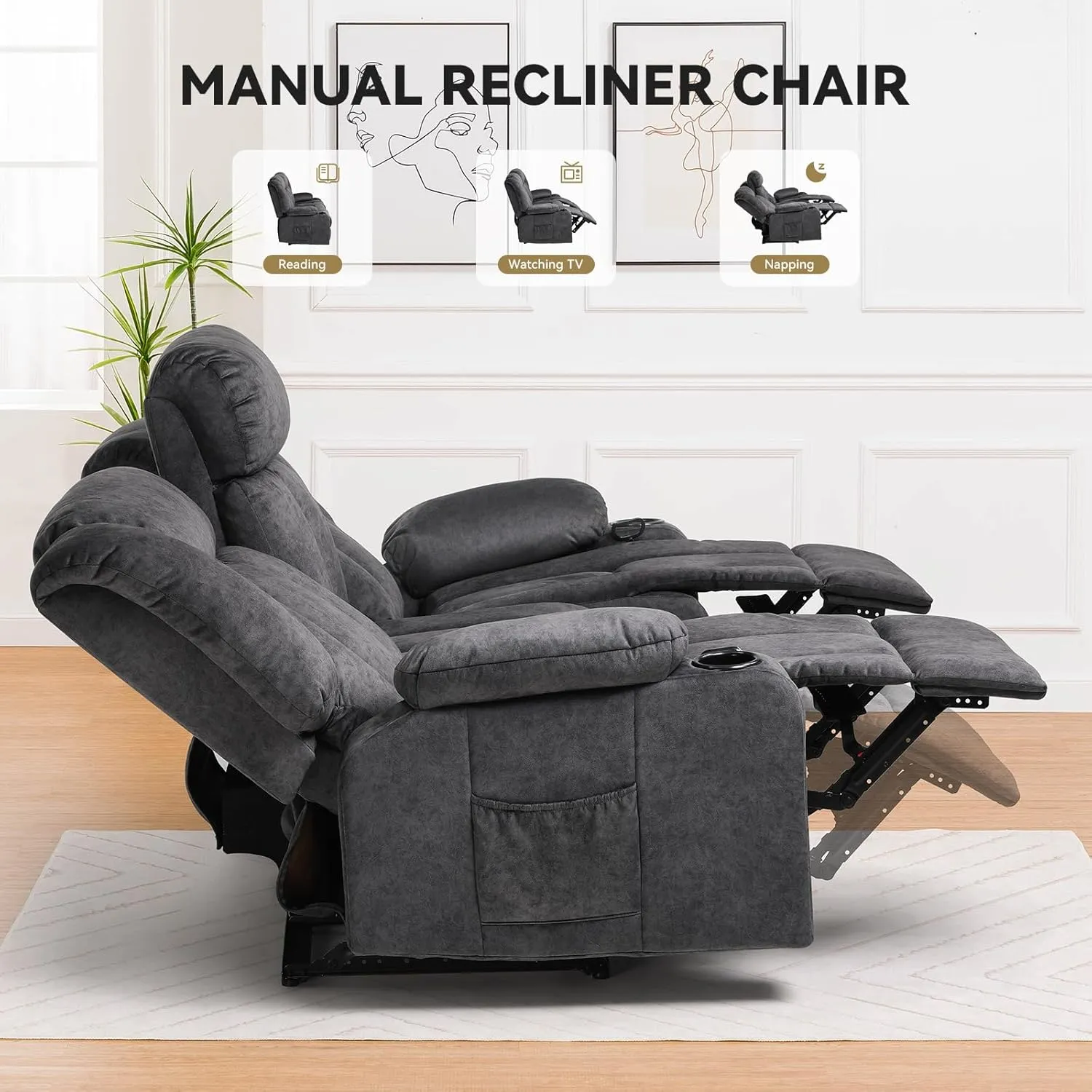 COMHOMA Manual Recliner Chair Set，Fabric Reclining Sofa Chair with Cup Holders, Upholstered Recliner with Side Pockets Suitable for Living Room Furniture (3 2 1)