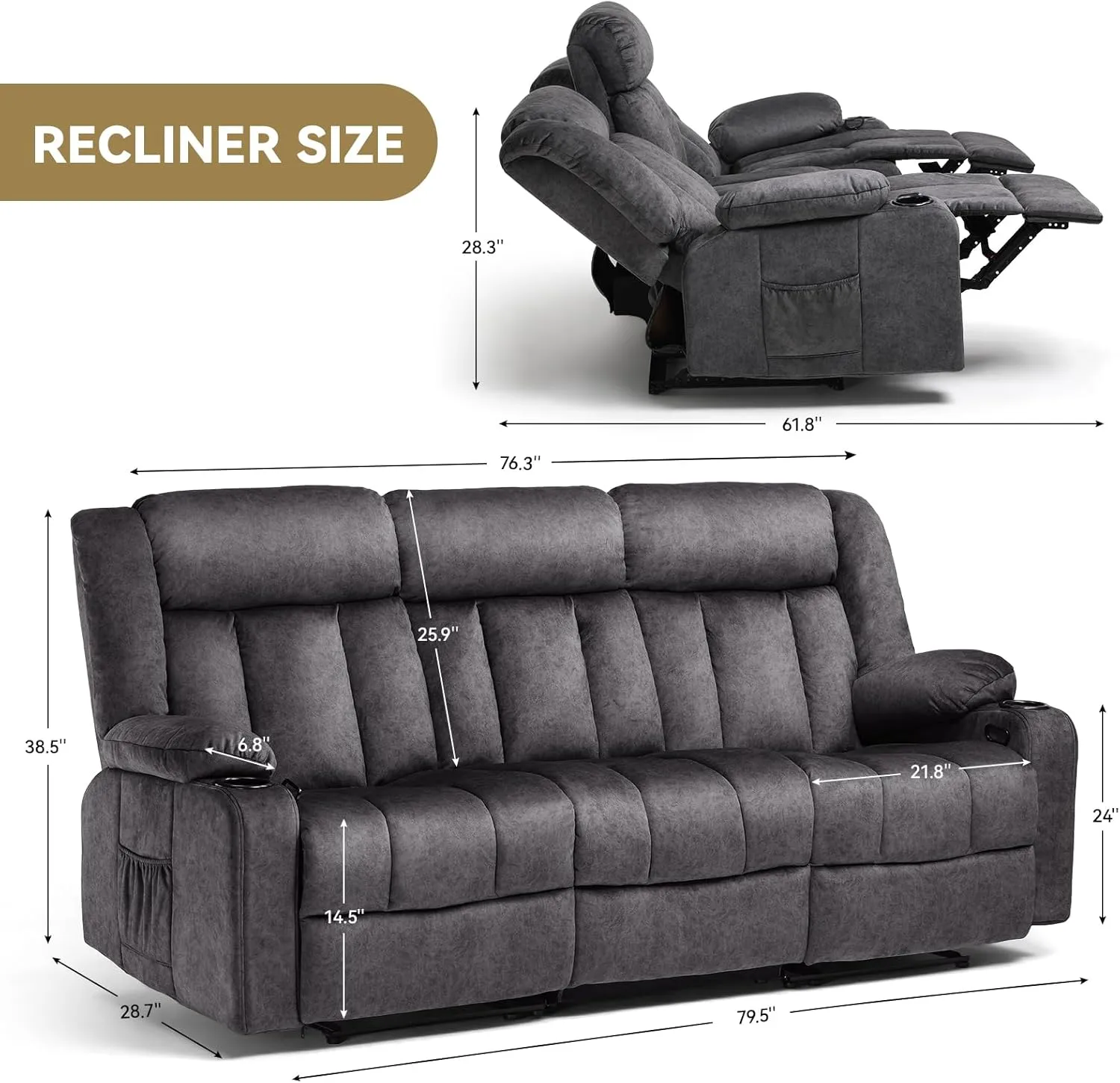 COMHOMA Manual Recliner Chair Set，Fabric Reclining Sofa Chair with Cup Holders, Upholstered Recliner with Side Pockets Suitable for Living Room Furniture (3 2 1)