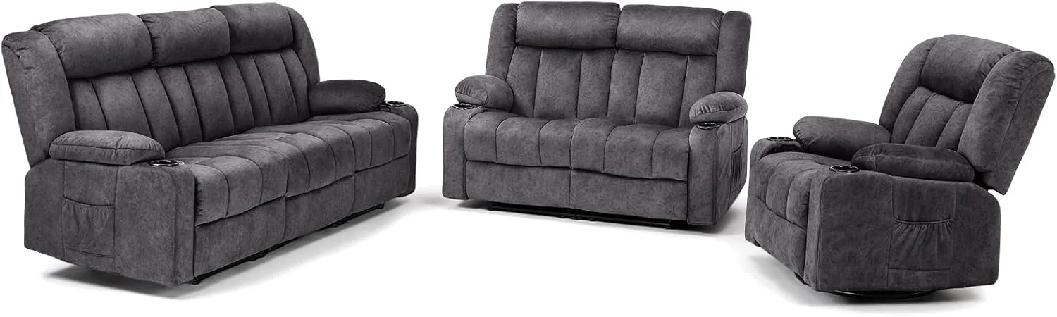 COMHOMA Manual Recliner Chair Set，Fabric Reclining Sofa Chair with Cup Holders, Upholstered Recliner with Side Pockets Suitable for Living Room Furniture (3 2 1)