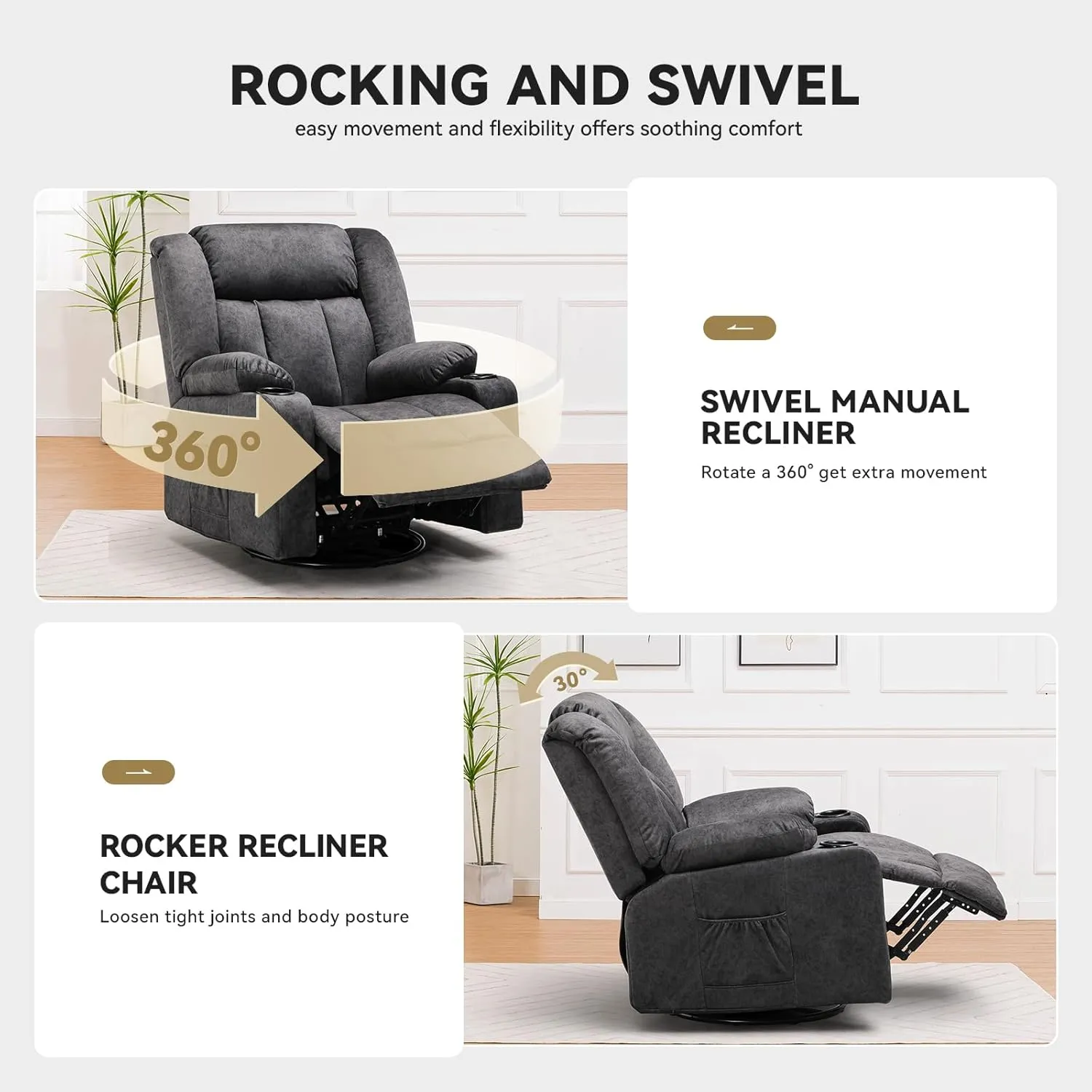 COMHOMA Manual Recliner Chair Set，Fabric Reclining Sofa Chair with Cup Holders, Upholstered Recliner with Side Pockets Suitable for Living Room Furniture (3 2 1)