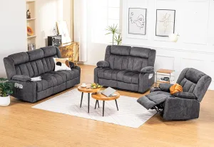COMHOMA Manual Recliner Chair Set，Fabric Reclining Sofa Chair with Cup Holders, Upholstered Recliner with Side Pockets Suitable for Living Room Furniture (3 2 1)