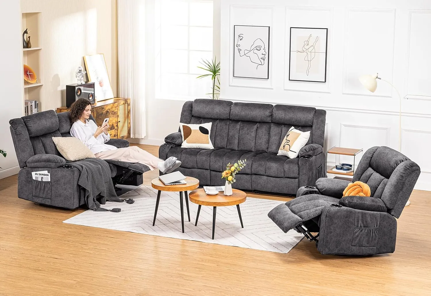COMHOMA Manual Recliner Chair Set，Fabric Reclining Sofa Chair with Cup Holders, Upholstered Recliner with Side Pockets Suitable for Living Room Furniture (3 2 1)