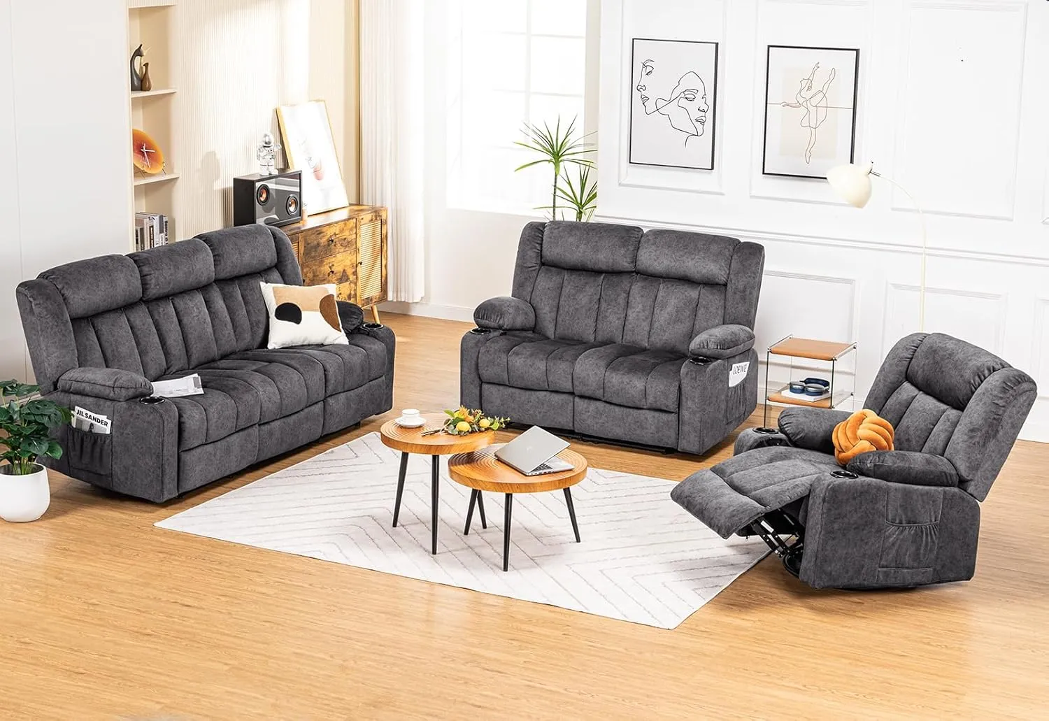 COMHOMA Manual Recliner Chair Set，Fabric Reclining Sofa Chair with Cup Holders, Upholstered Recliner with Side Pockets Suitable for Living Room Furniture (3 2 1)