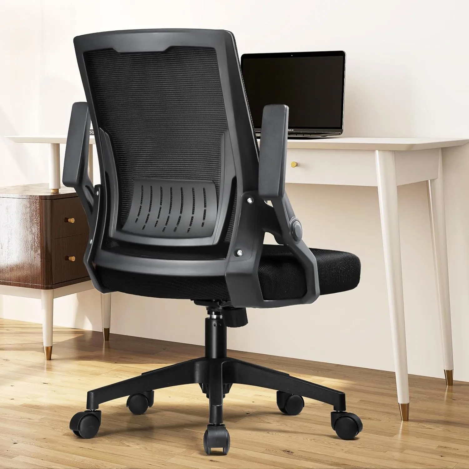 COMHOMA Office Chair with Flip-up Armrests Ergonomic Computer Desk Chair with Adaptive Lumbar Support, Breathable Mesh Swivel Tilt Task Study Chair with Wheels for Home, Bedroom, Black