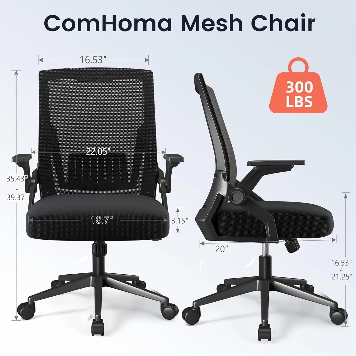 COMHOMA Office Chair with Flip-up Armrests Ergonomic Computer Desk Chair with Adaptive Lumbar Support, Breathable Mesh Swivel Tilt Task Study Chair with Wheels for Home, Bedroom, Black