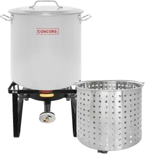 CONCORD Stainless Steel 80 QT Stock Pot w/Steamer Basket   Concord Deluxe Banjo Single Propane Burner, 200,000 BTU Portable Outdoor Stove