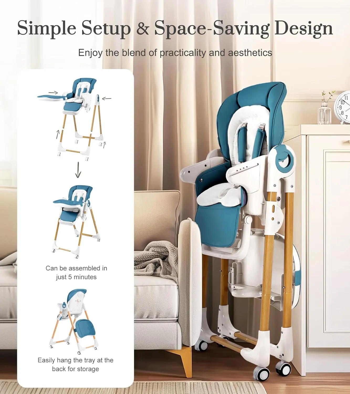 Convertible High Chairs for Babies and Toddlers, Height Adjustable Baby High Chair, High Chair with Removable Tray, Adjustable Backrest and Pedal, Portable Baby Dinning Chair with Lockable Wheels