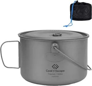 COOK'N'ESCAPE 1300ML Titanium Hanging Pot with Lid Cookware Pot with Collapsible Foldable Bail Handle Outdoor Camping Drinking Cup Backpacking Hiking Campfire, Grey