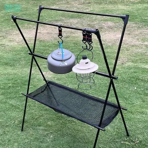 Cookware Hanging Rack Camping Foldable Lightweight Black Tripod with Bottom Storage Collapsible Multifunction Camping Stand Outdoor Tools Hanging Organizer with 12 Hooks for Picnic