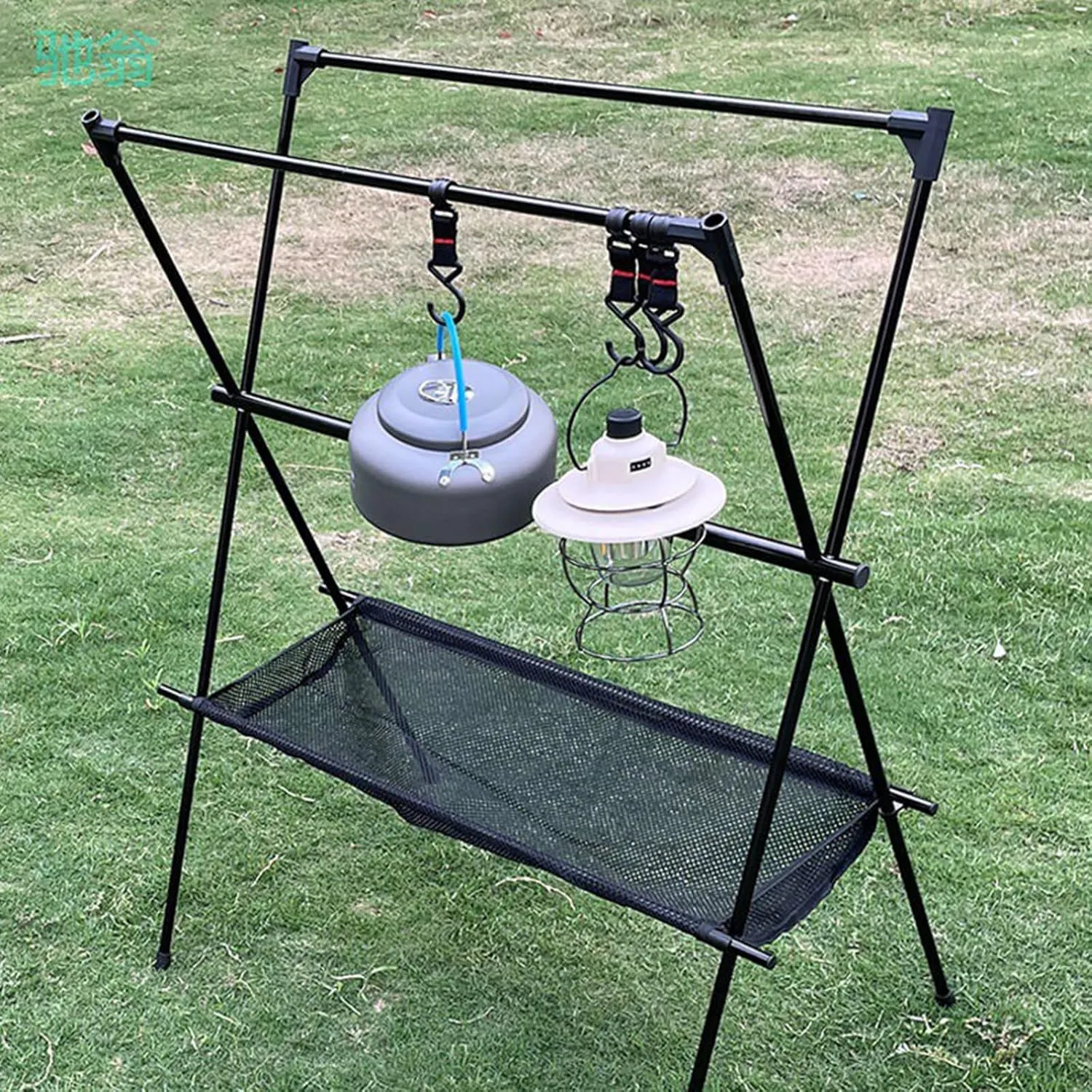 Cookware Hanging Rack Camping Foldable Lightweight Black Tripod with Bottom Storage Collapsible Multifunction Camping Stand Outdoor Tools Hanging Organizer with 12 Hooks for Picnic
