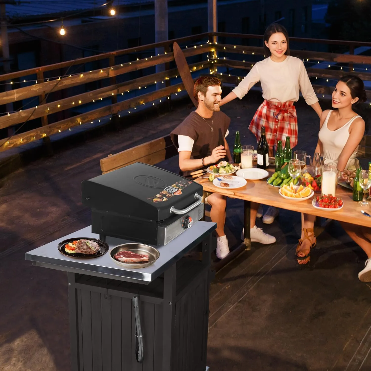 COOLBEBE Portable Outdoor Grill Table with Storage Cabinet, Moveable Solid Wood Outdoor Grill Cart with Wheels, Stainless Steel Top BBQ Cart Prep Table for Outside