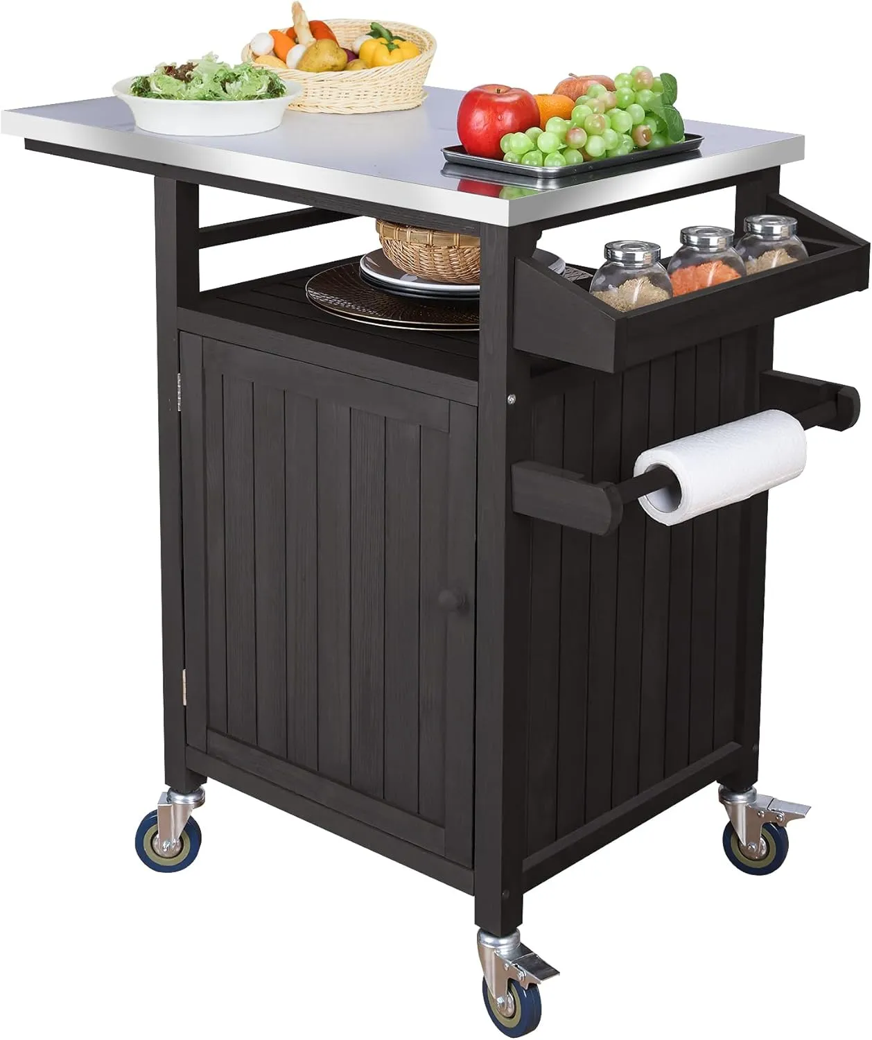COOLBEBE Portable Outdoor Grill Table with Storage Cabinet, Moveable Solid Wood Outdoor Grill Cart with Wheels, Stainless Steel Top BBQ Cart Prep Table for Outside