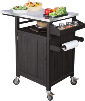 COOLBEBE Portable Outdoor Grill Table with Storage Cabinet, Moveable Solid Wood Outdoor Grill Cart with Wheels, Stainless Steel Top BBQ Cart Prep Table for Outside