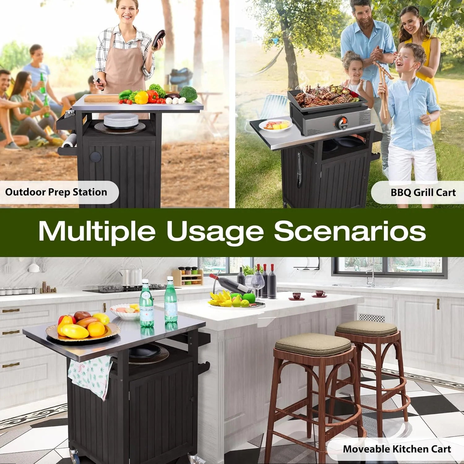 COOLBEBE Portable Outdoor Grill Table with Storage Cabinet, Moveable Solid Wood Outdoor Grill Cart with Wheels, Stainless Steel Top BBQ Cart Prep Table for Outside