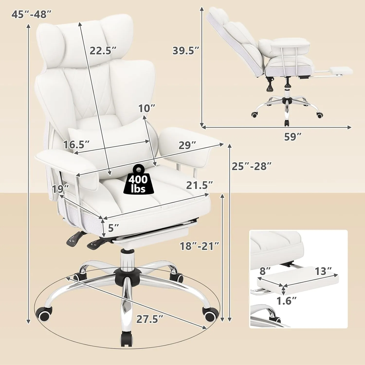 COSTWAY 400 LBS Big and Tall Office Chair, PU Leather Executive Desk Chair w/Retractable Footrest, Reclining Function, Lumbar Support, Ergonomic High Back Home Computer Task Chair, White