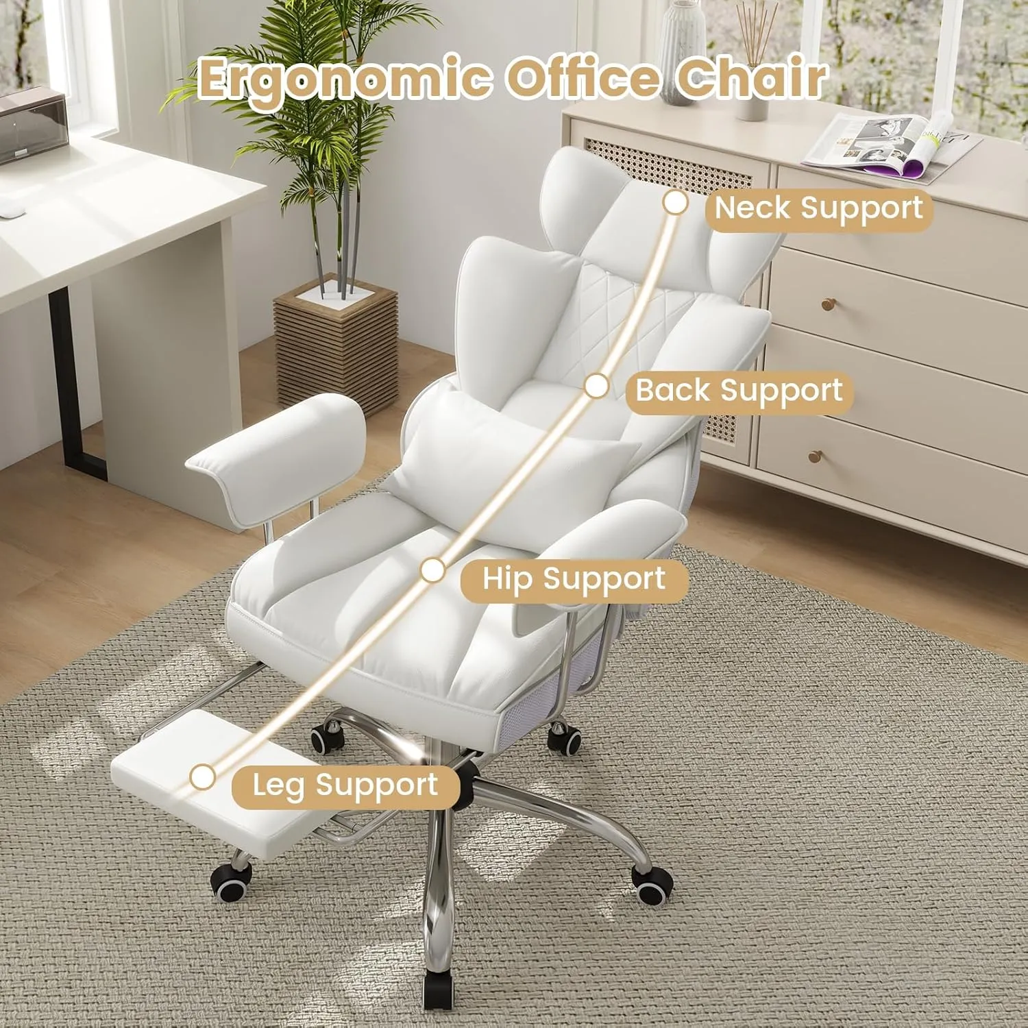 COSTWAY 400 LBS Big and Tall Office Chair, PU Leather Executive Desk Chair w/Retractable Footrest, Reclining Function, Lumbar Support, Ergonomic High Back Home Computer Task Chair, White