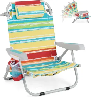 COSTWAY Backpack Beach Chair, Foldable Camping Chair with 5 Adjustable Position, Cup Holder, Storage Pockets, Straps, Towel Rack, Pillow for Patio Outdoor (Color Stripe,1)