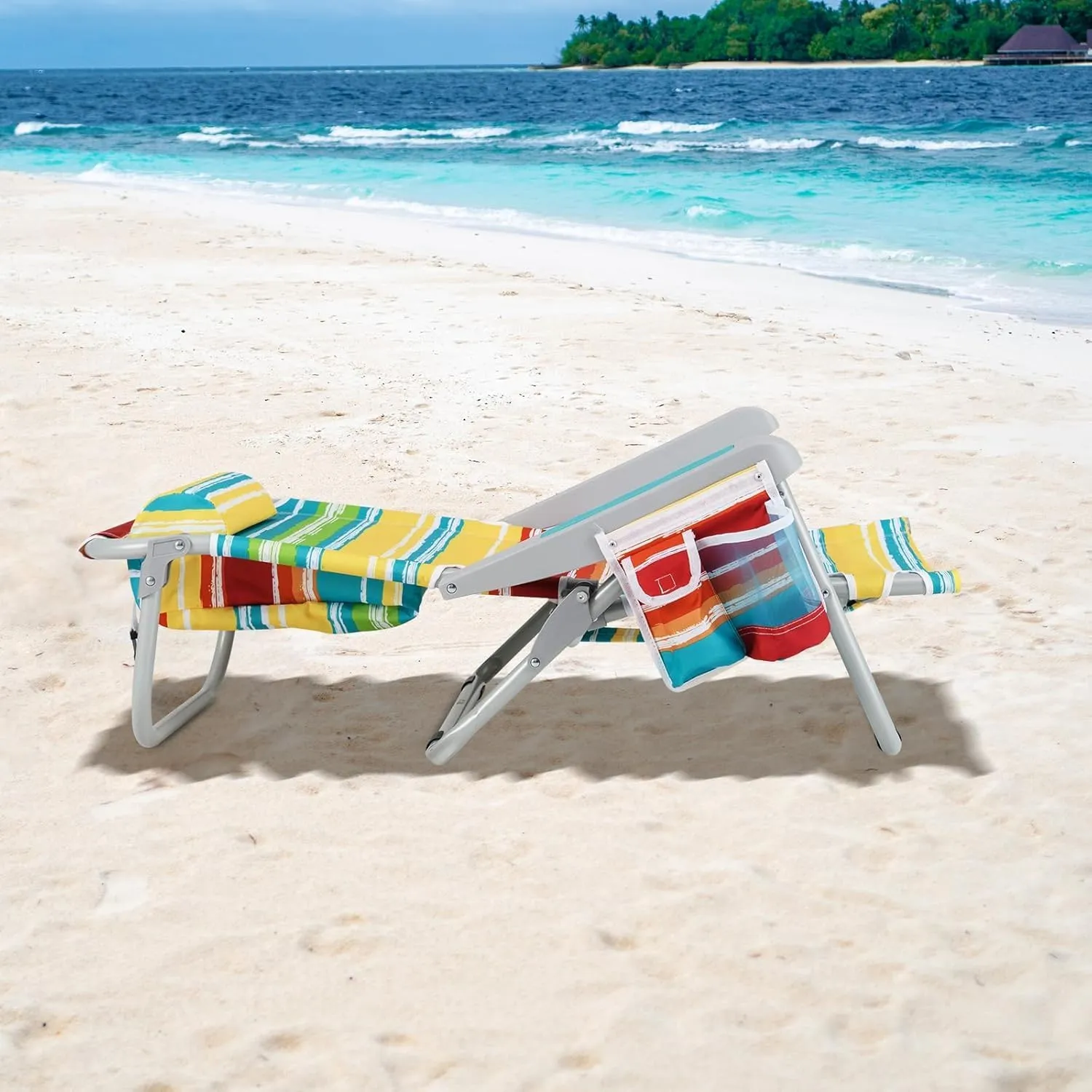 COSTWAY Backpack Beach Chair, Foldable Camping Chair with 5 Adjustable Position, Cup Holder, Storage Pockets, Straps, Towel Rack, Pillow for Patio Outdoor (Color Stripe,1)
