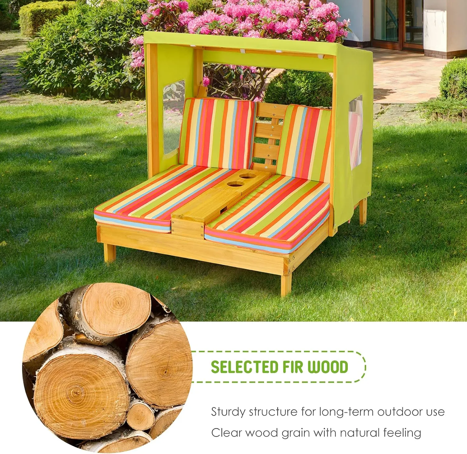 Costzon Kids Lounge Chair Outdoor, Wood Double Seat Chaise Lounge with Canopy, Cup Holders, Cushion, Backrest Recliner, Kids Patio Furniture, Gift for Boys Girls 3-8 Years Old