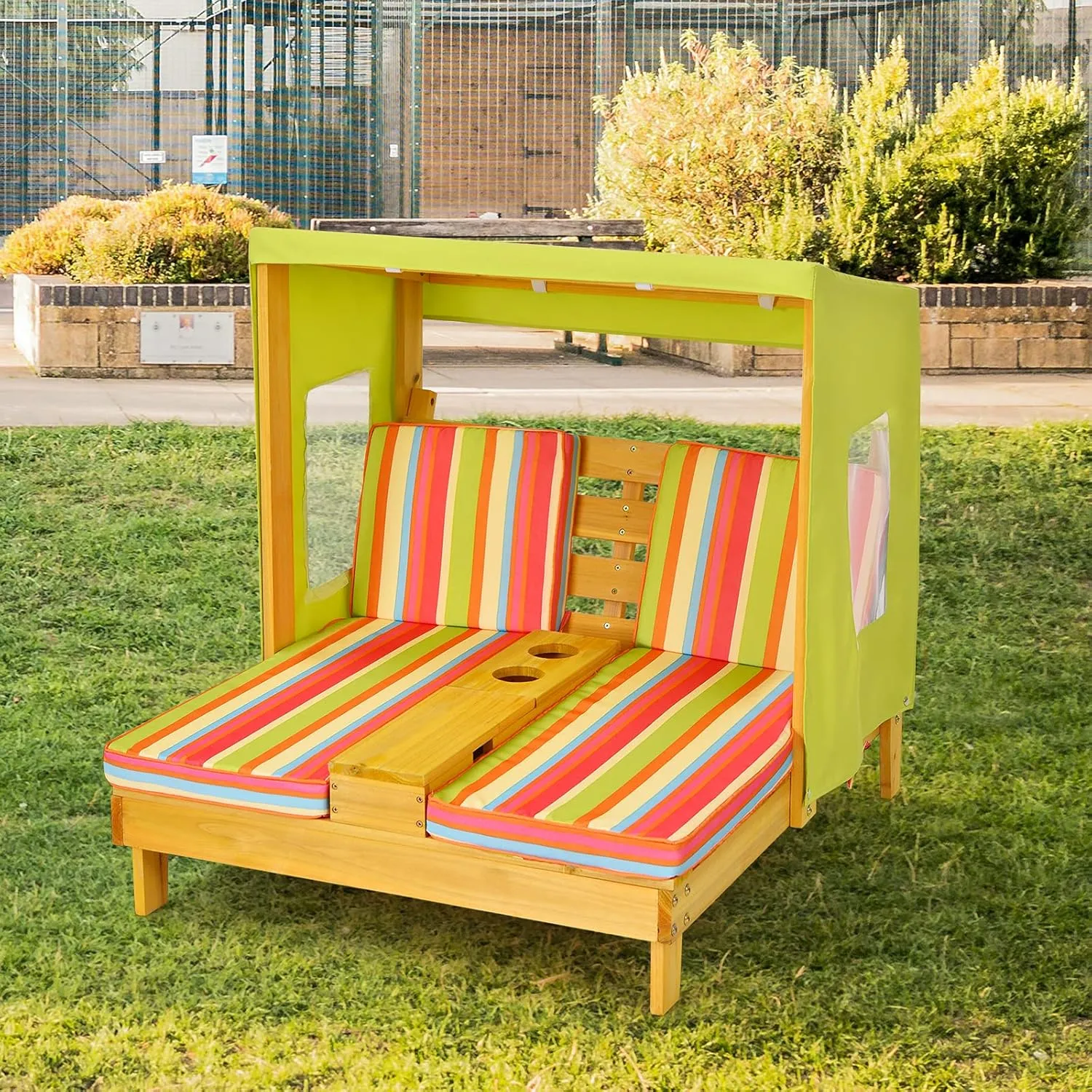 Costzon Kids Lounge Chair Outdoor, Wood Double Seat Chaise Lounge with Canopy, Cup Holders, Cushion, Backrest Recliner, Kids Patio Furniture, Gift for Boys Girls 3-8 Years Old