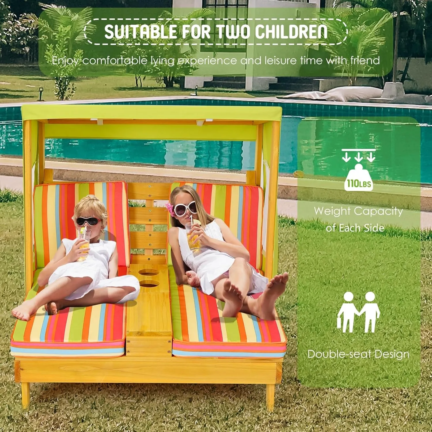 Costzon Kids Lounge Chair Outdoor, Wood Double Seat Chaise Lounge with Canopy, Cup Holders, Cushion, Backrest Recliner, Kids Patio Furniture, Gift for Boys Girls 3-8 Years Old