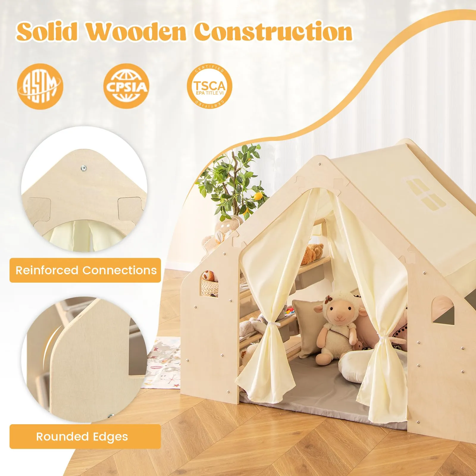 Costzon Large Kids Tent, 6-in-1 Wooden Frame Play House with Table and Chair Set, Blackboard, 6 Storage Bins & Soft Floor Mat, Indoor Playhouse for