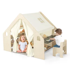 Costzon Large Kids Tent, 6-in-1 Wooden Frame Play House with Table and Chair Set, Blackboard, 6 Storage Bins & Soft Floor Mat, Indoor Playhouse for