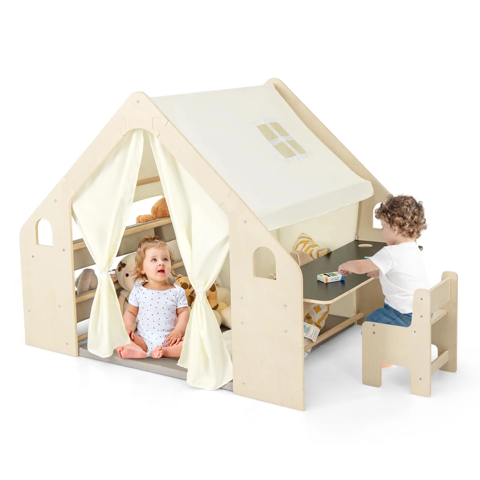 Costzon Large Kids Tent, 6-in-1 Wooden Frame Play House with Table and Chair Set, Blackboard, 6 Storage Bins & Soft Floor Mat, Indoor Playhouse for